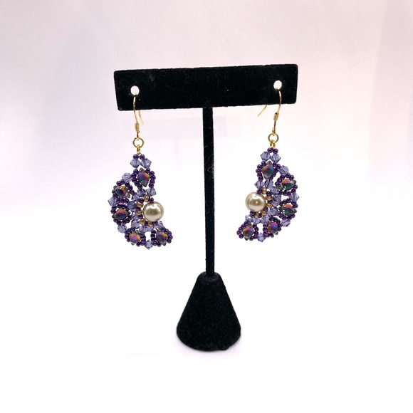 Czech Glass Swarovski Crystal Beaded Half Moon Style Pierced Drop Earrings - Picture 1 of 8